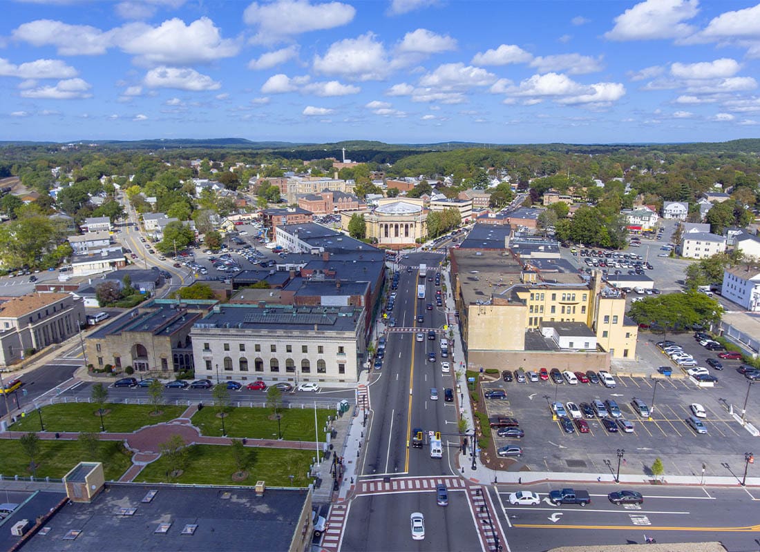 Framingham MA Insurance - Framingham City Hall and Downtown Aerial View in Downtown Framingham, Massachusetts, USA.